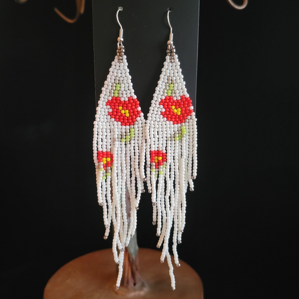 Red Floral Beaded Earrings - Picture 1 of 4